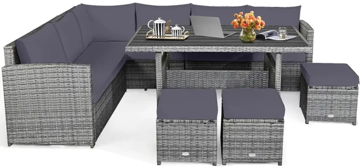 7 Pieces Patio Rattan Dining Furniture Sectional Sofa Set with Wicker Ottoman