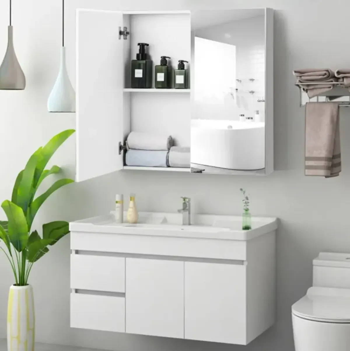 Hivvago 2-Tier Wall-Mounted Bathroom Storage Cabinet with Double Mirror Doors and 2 Shelves