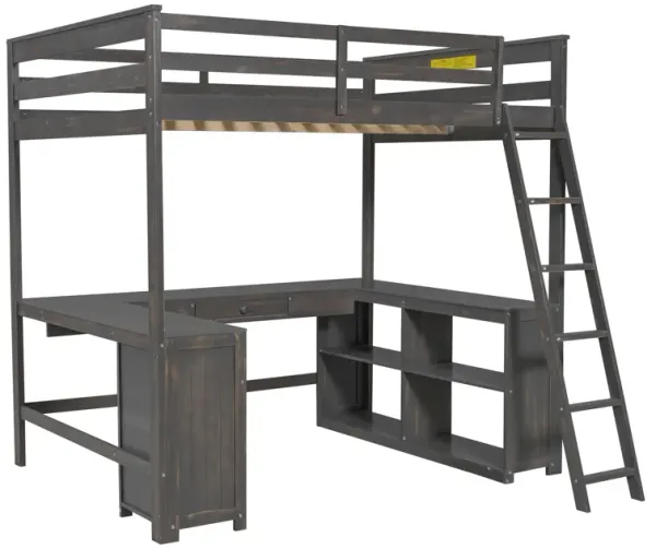 Whisen Elegant Design Full Size Loft Bed with Desk, Drawers and Storage Shelves