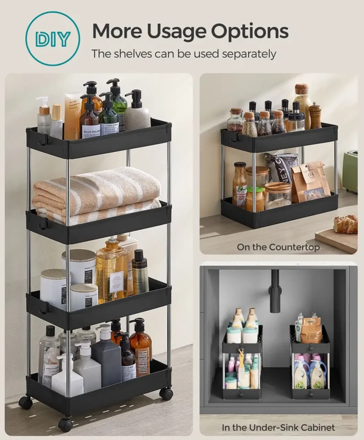 Slim 4-Tier Slide-Out Storage Cart on Wheels - Compact Rolling Organizer