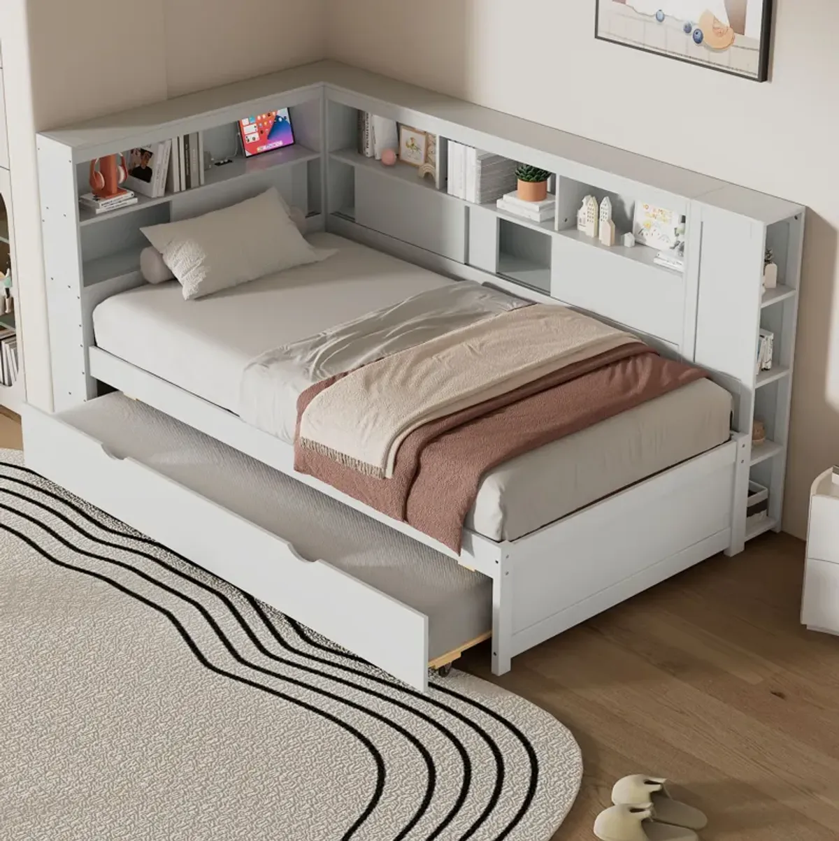 Merax Daybed with Storage Shelves, USB and Trundle