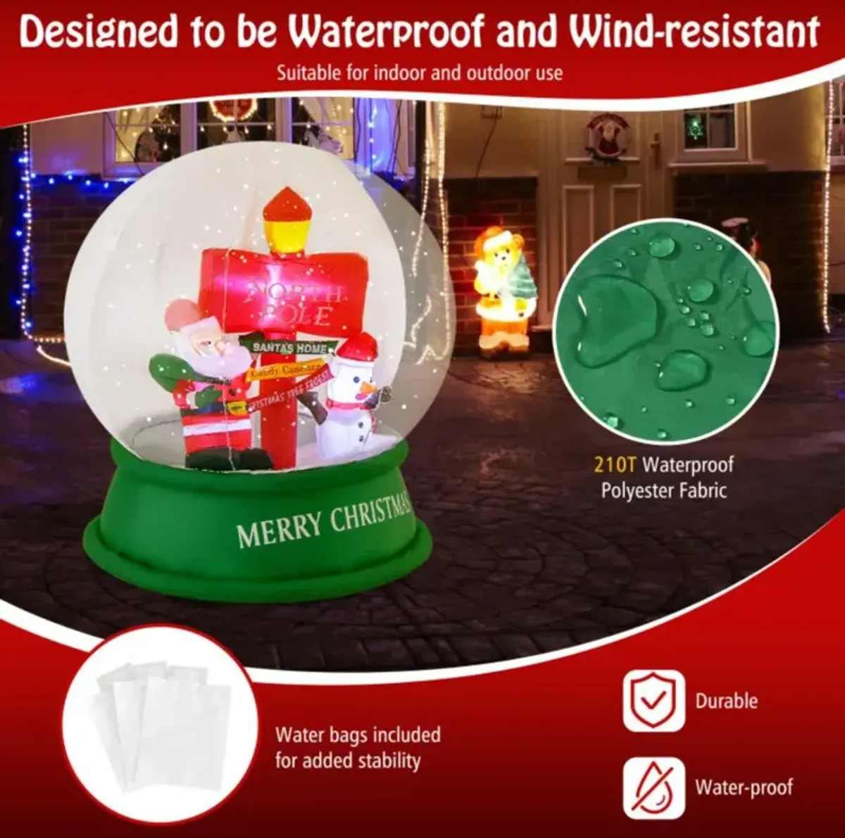 Hivvago 4 Feet Christmas Inflatable Snow Globe with Santa Snowman Road Sign