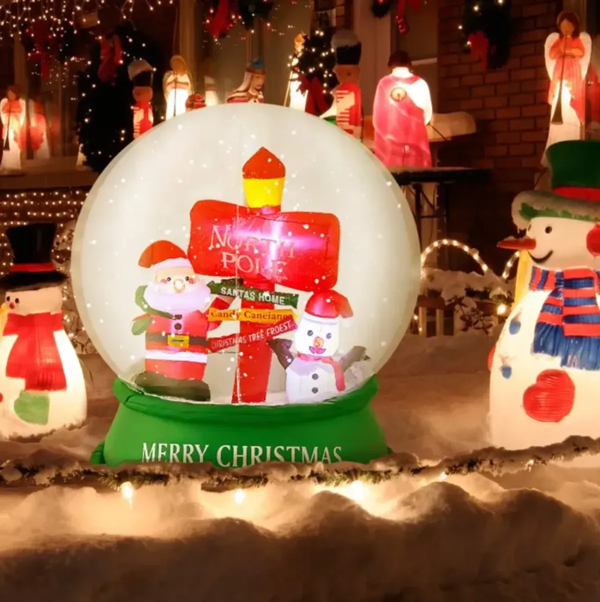 Hivvago 4 Feet Christmas Inflatable Snow Globe with Santa Snowman Road Sign