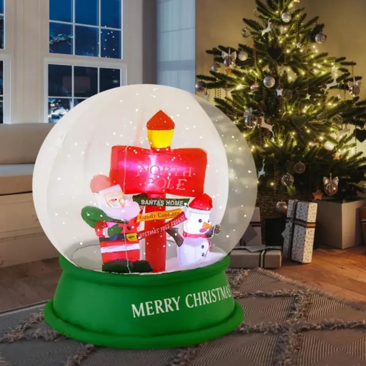 Hivvago 4 Feet Christmas Inflatable Snow Globe with Santa Snowman Road Sign