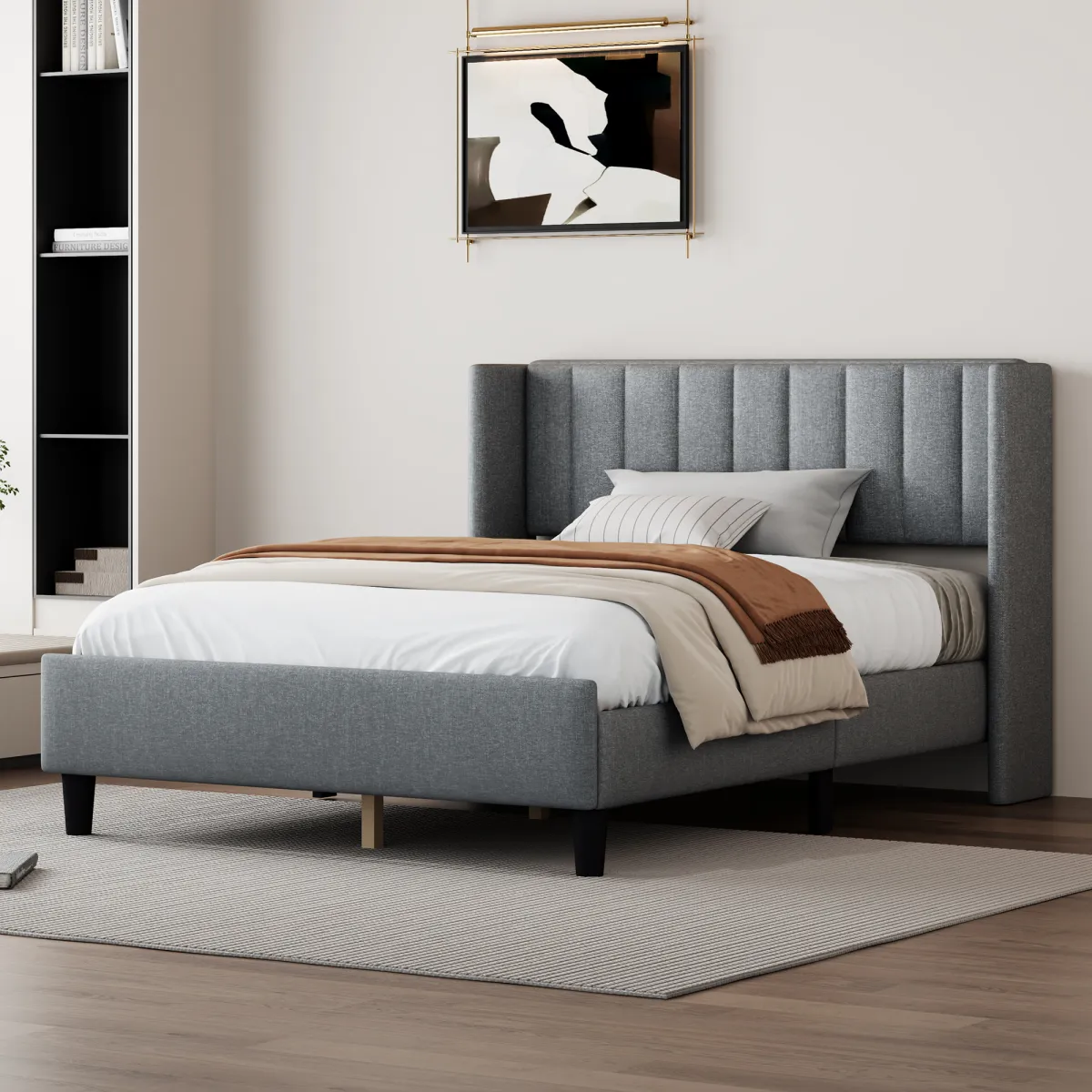 Queen size Upholstered Platform Bed Frame with Headboard, Mattress Foundation, Wood Slat Support, Quiet, no Box Spring Needed, Easy to Assemble Light Grey