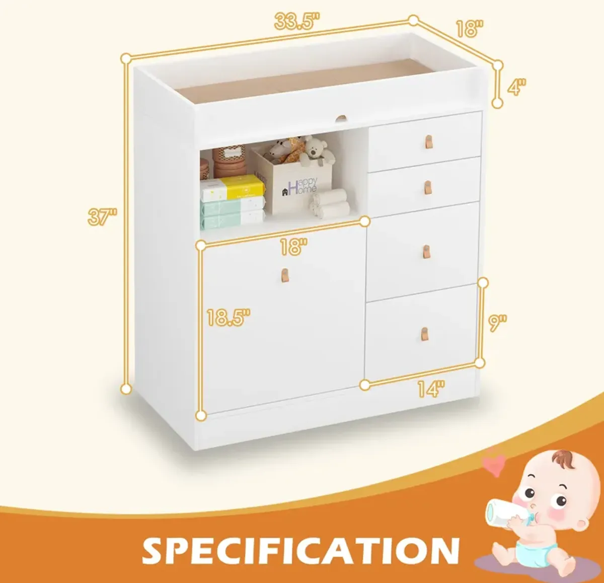 White 5-Drawers 33.5 in. Width Dresser, Kids Low Dresser, Changing Table with Shelf