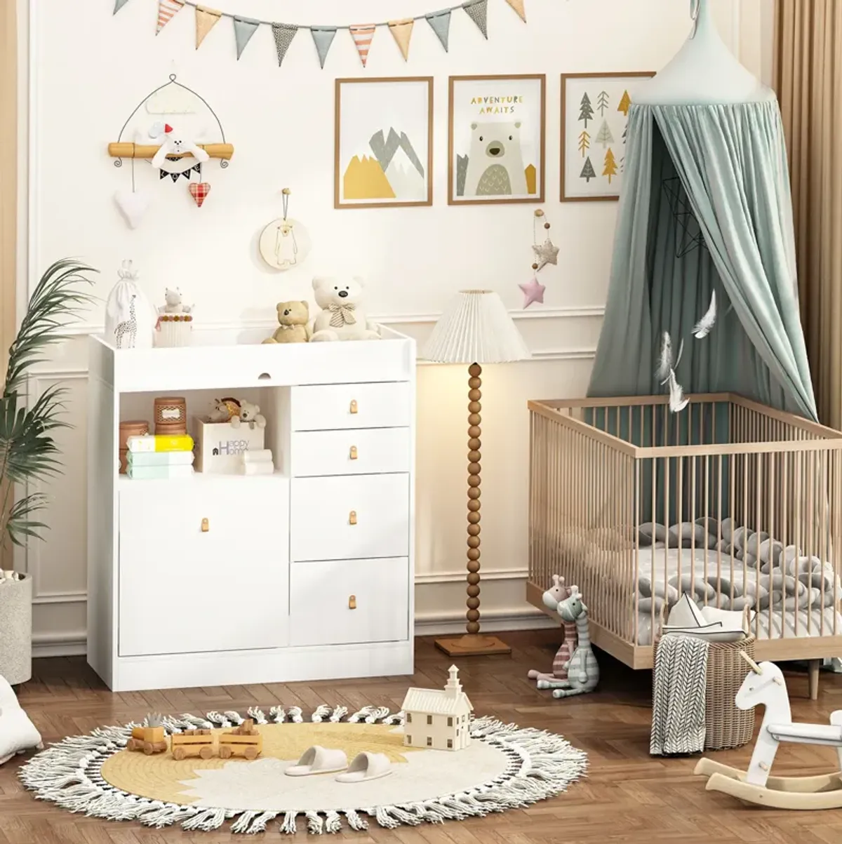 White 5-Drawers 33.5 in. Width Dresser, Kids Low Dresser, Changing Table with Shelf