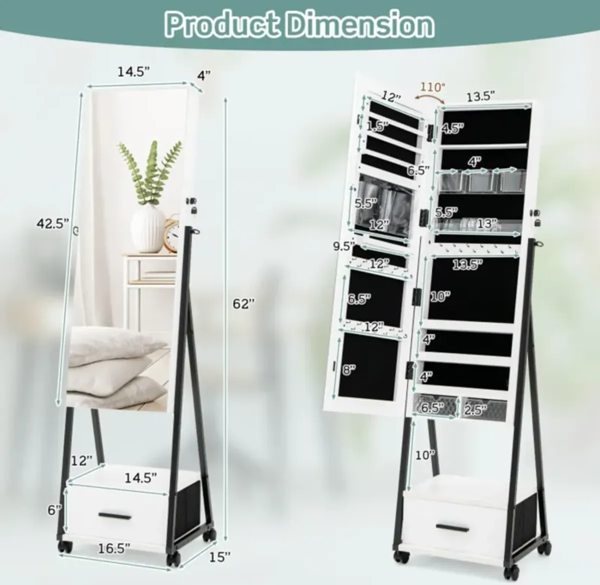 Hivvago Jewelry Cabinet with Full-Length Mirror