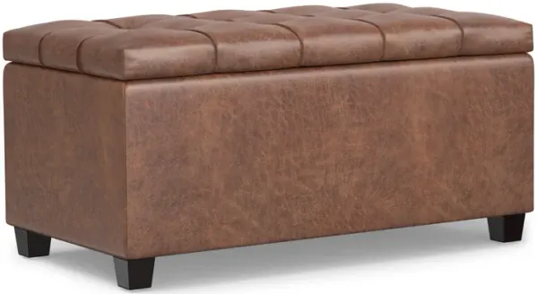 Sienna 33 inch Wide Transitional Rectangle Storage Ottoman Bench in Distressed Saddle Brown Vegan Faux Leather, Assembled