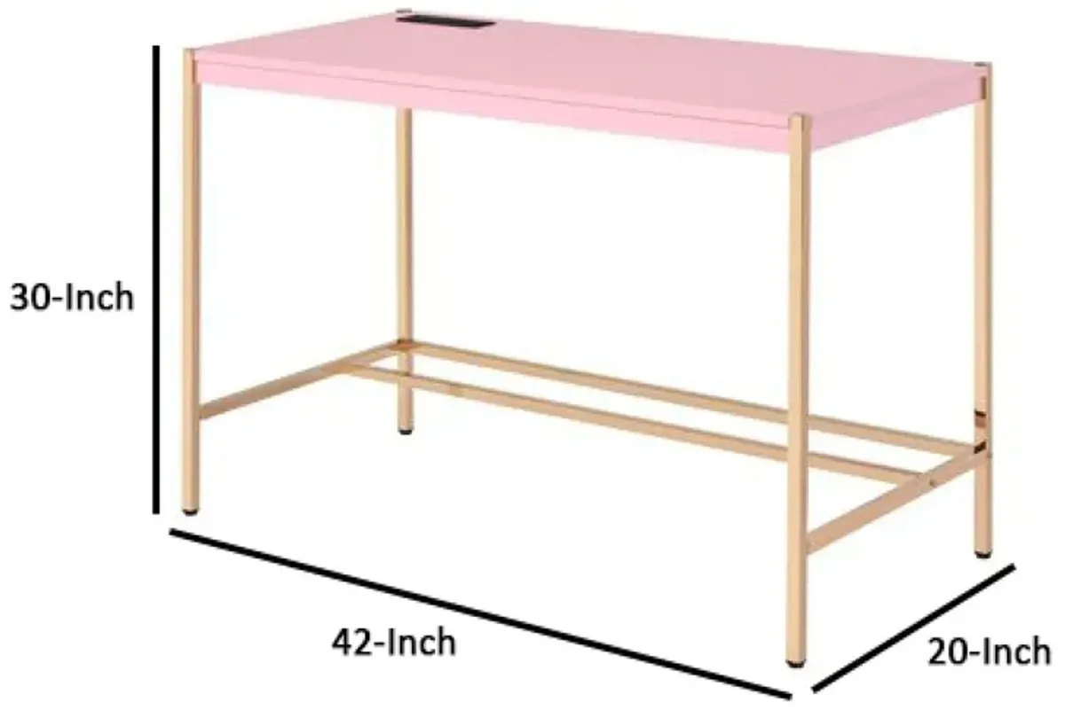 Writing Desk with USB Dock and Metal Legs, Pink and Rose Gold-Benzara