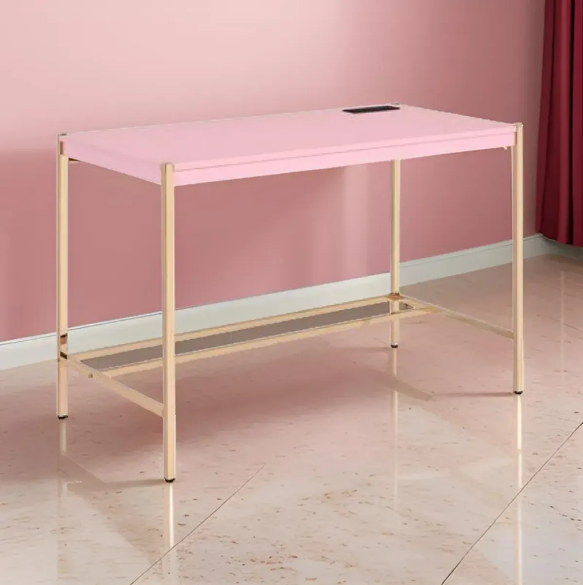 Writing Desk with USB Dock and Metal Legs, Pink and Rose Gold-Benzara