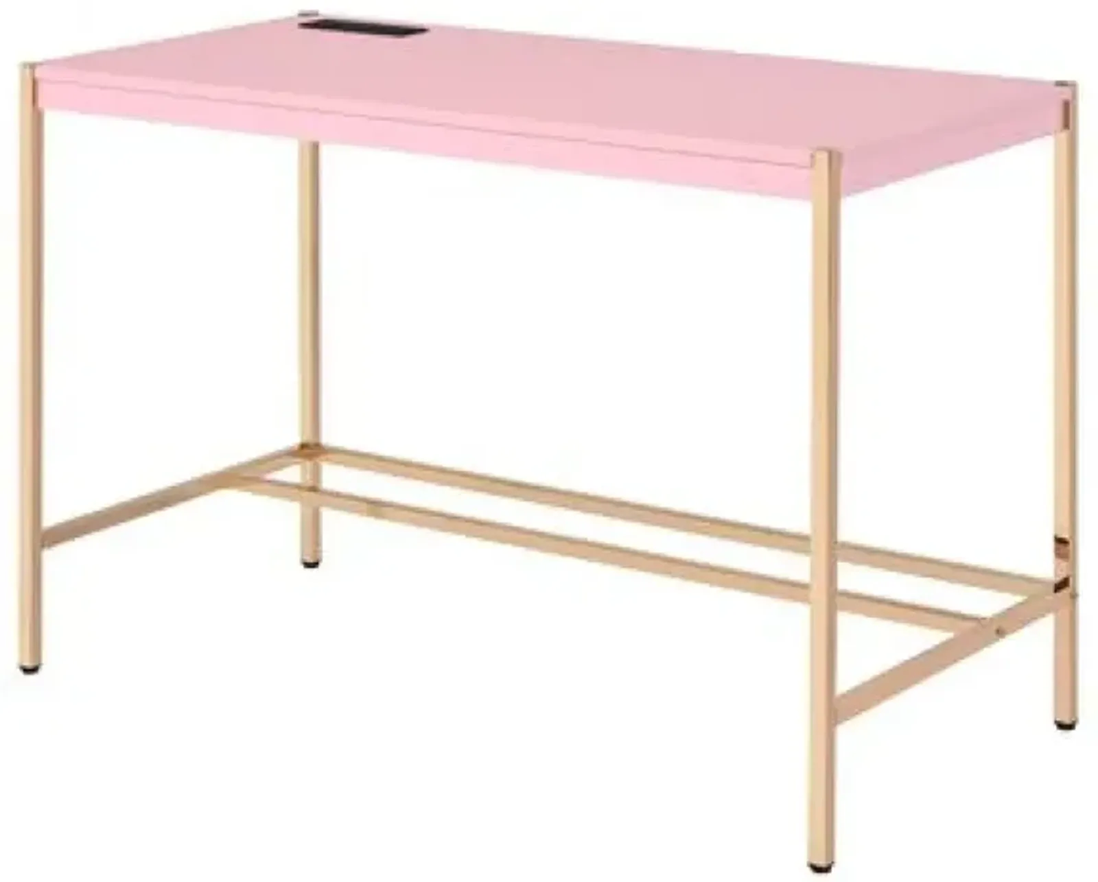 Writing Desk with USB Dock and Metal Legs, Pink and Rose Gold-Benzara