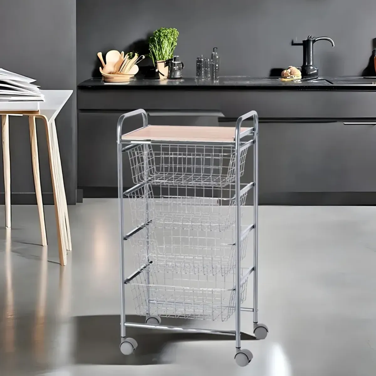 Rolling kitchen storage cart, 5-Tier Utility Cart, Metal, BEECH. Aluminium - Beech Colors