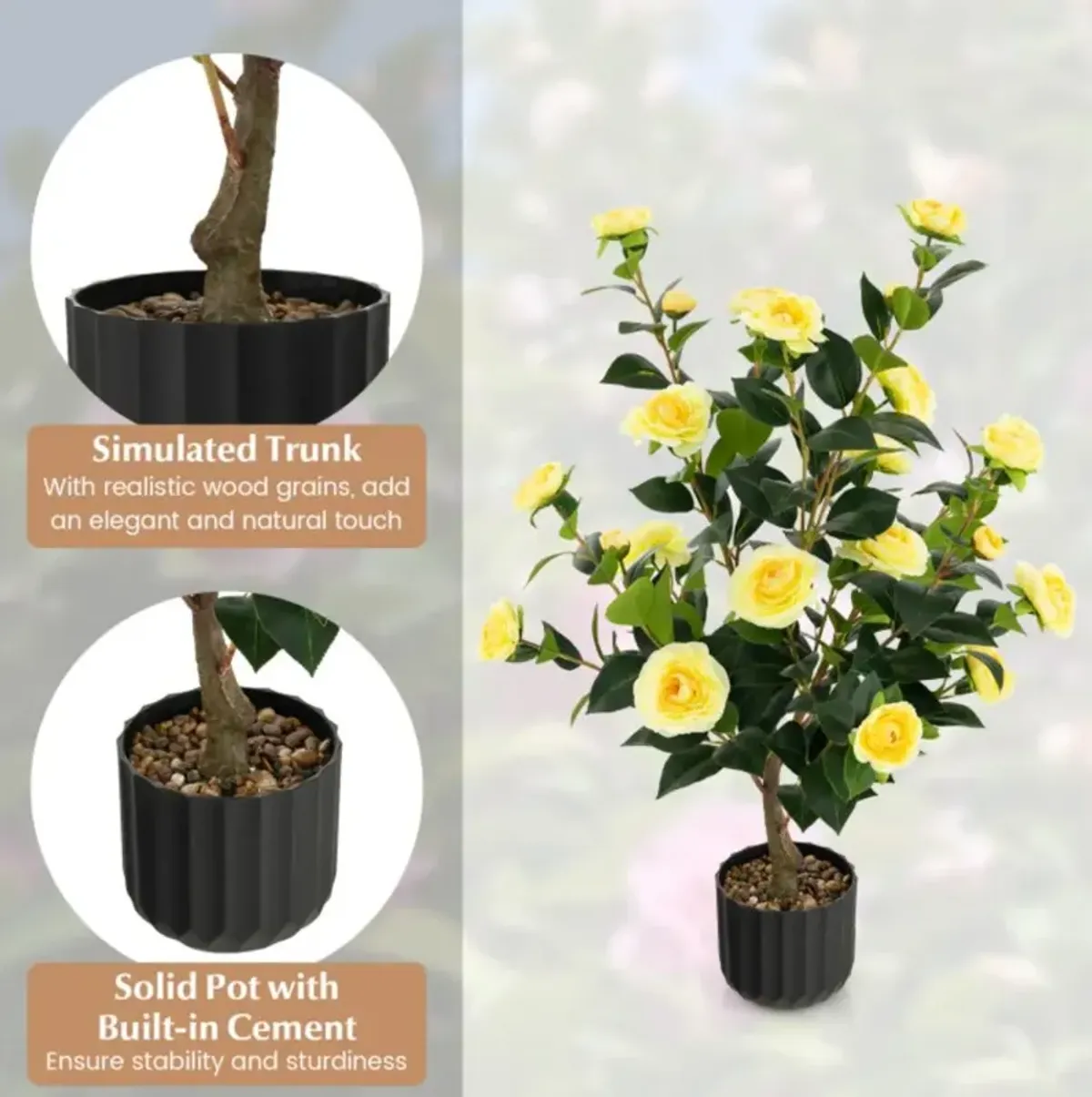 Hivvago 38 Inch Artificial Camellia Tree Faux Flower Plant in Cement Pot 2 Pack