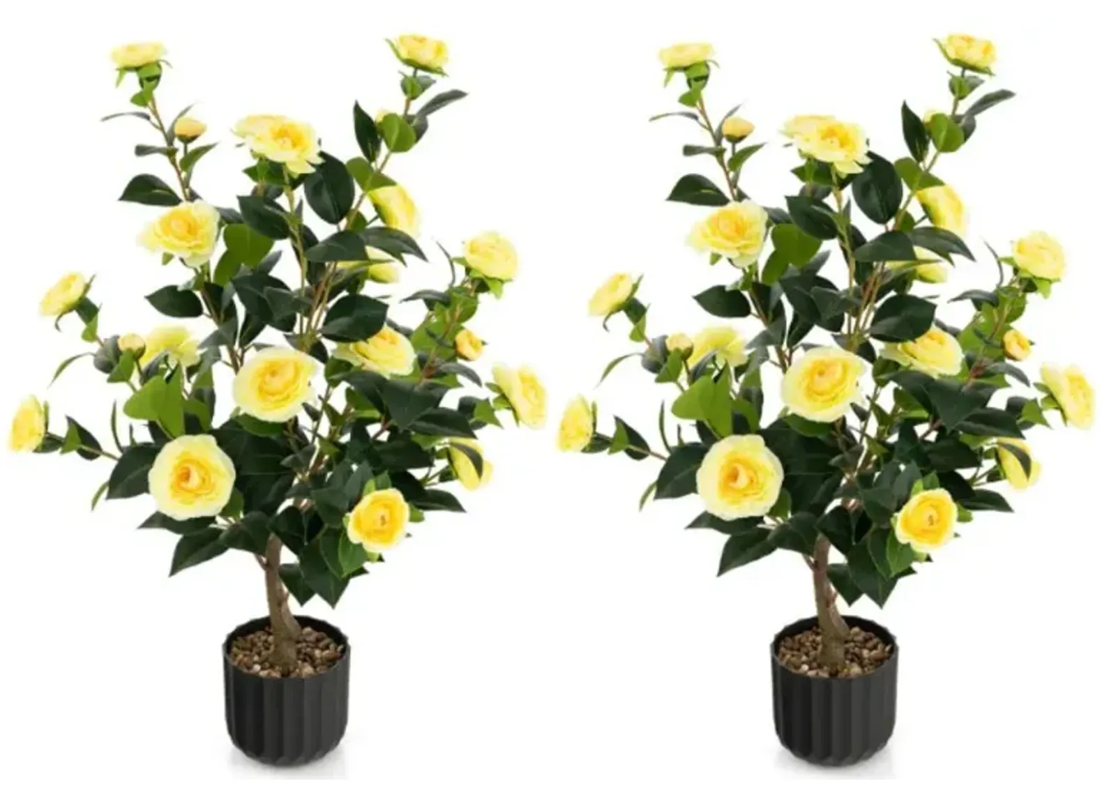 Hivvago 38 Inch Artificial Camellia Tree Faux Flower Plant in Cement Pot 2 Pack