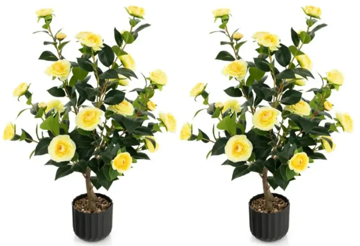 Hivvago 38 Inch Artificial Camellia Tree Faux Flower Plant in Cement Pot 2 Pack