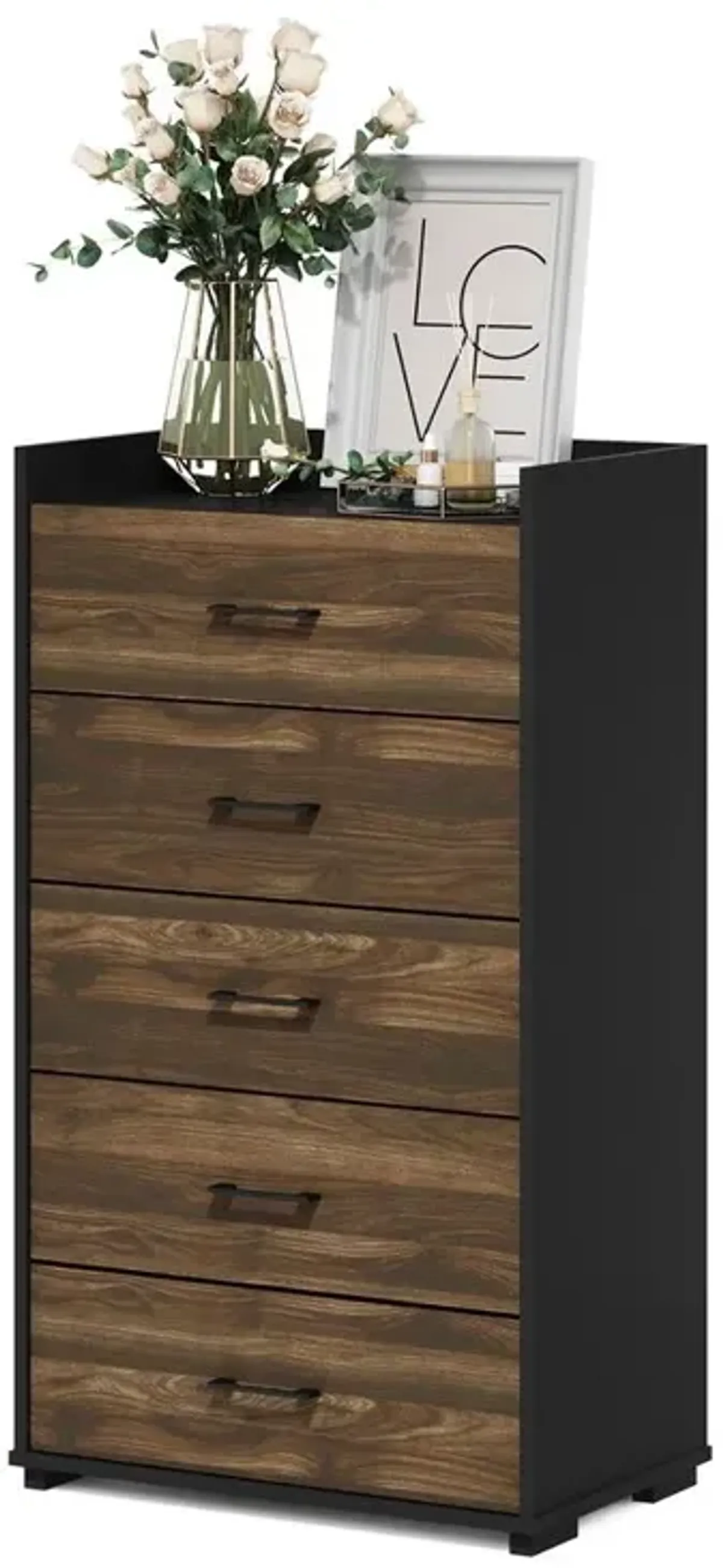 Furinno Tidur Modern Organization and Storage Handle Bedroom 5-Drawer Chest Dresser, Columbia Walnut/Black