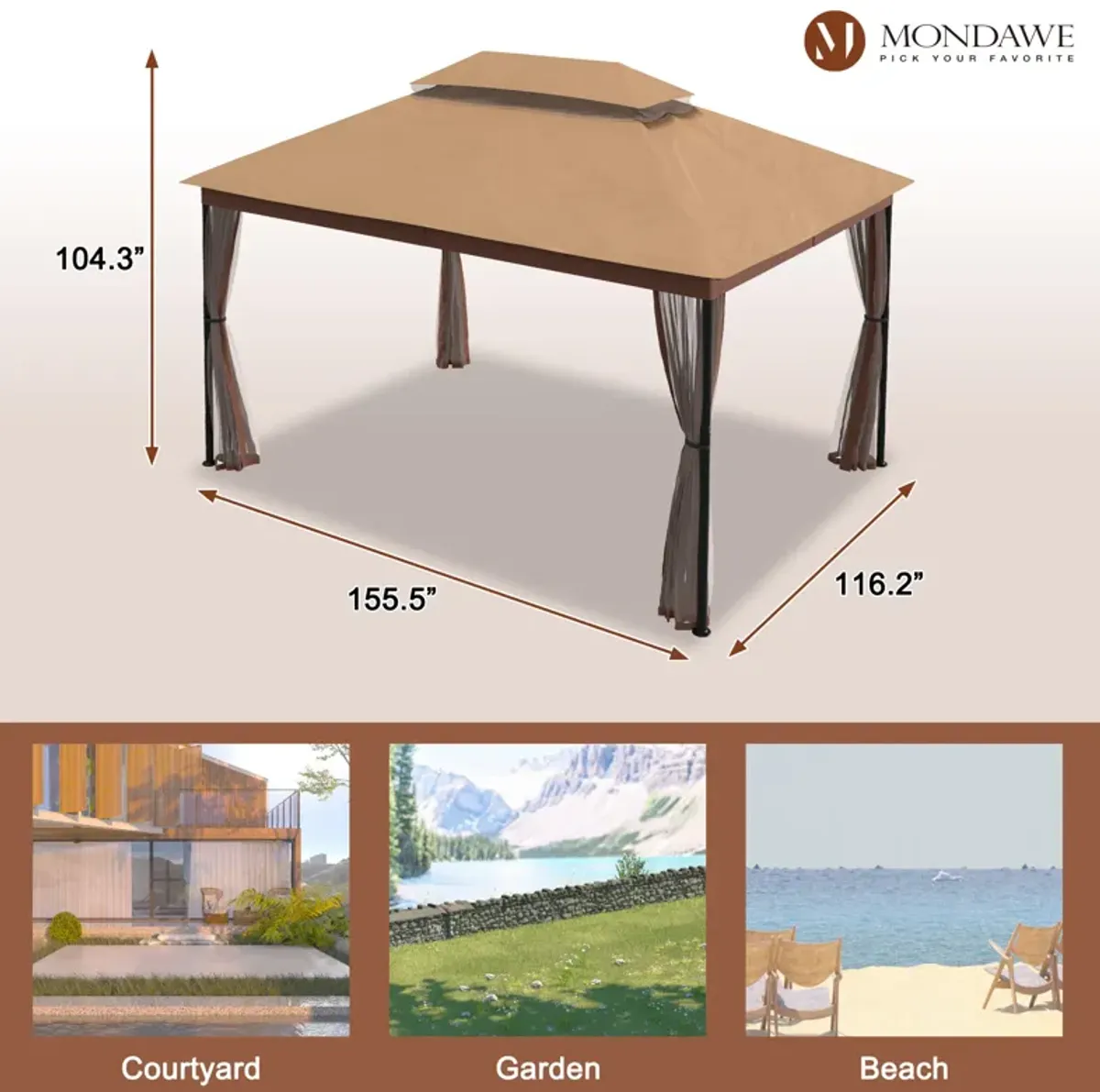 MONDAWE 10 x 13 ft Soft Top Outdoor Patio Gazebo Tent Canopy with Included Mosquito Netting Ventilated Double Roof, Beige