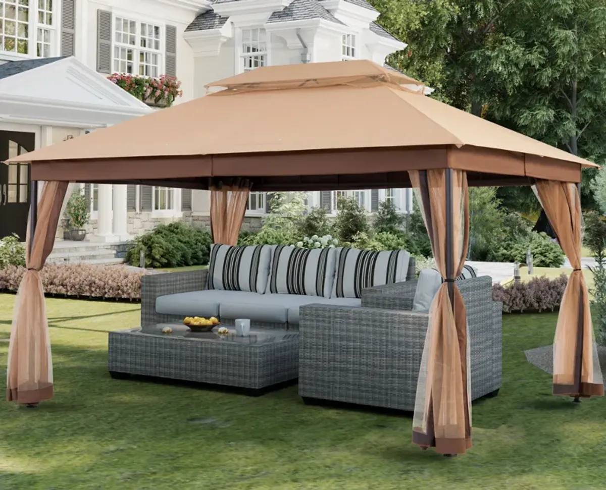 MONDAWE 10 x 13 ft Soft Top Outdoor Patio Gazebo Tent Canopy with Included Mosquito Netting Ventilated Double Roof, Beige