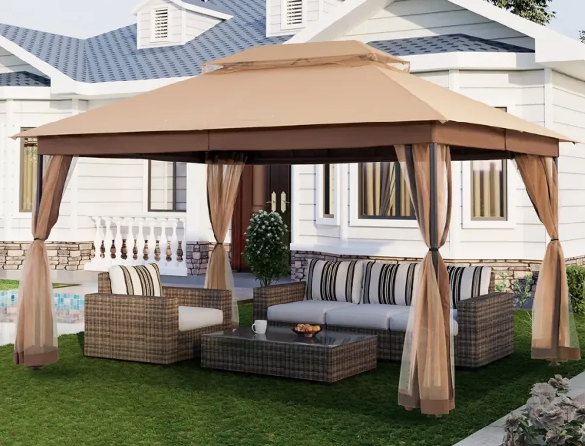 MONDAWE 10 x 13 ft Soft Top Outdoor Patio Gazebo Tent Canopy with Included Mosquito Netting Ventilated Double Roof, Beige