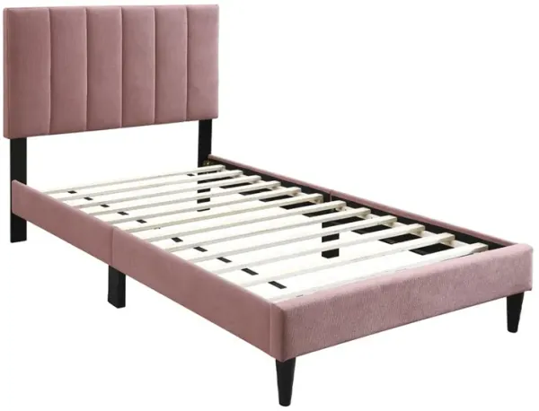 Lilian Full Size Bed, Blush Pink Linen Upholstery, Channel Tufted - Benzara