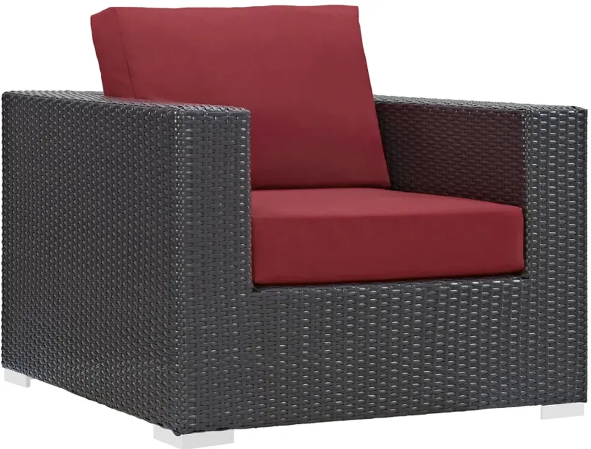 Convene Outdoor Sectional Set - Synthetic Rattan, Aluminum Frame, All-Weather Cushions - Patio Sofa, Armless Chair, Corner, Ottoman - Espresso Red