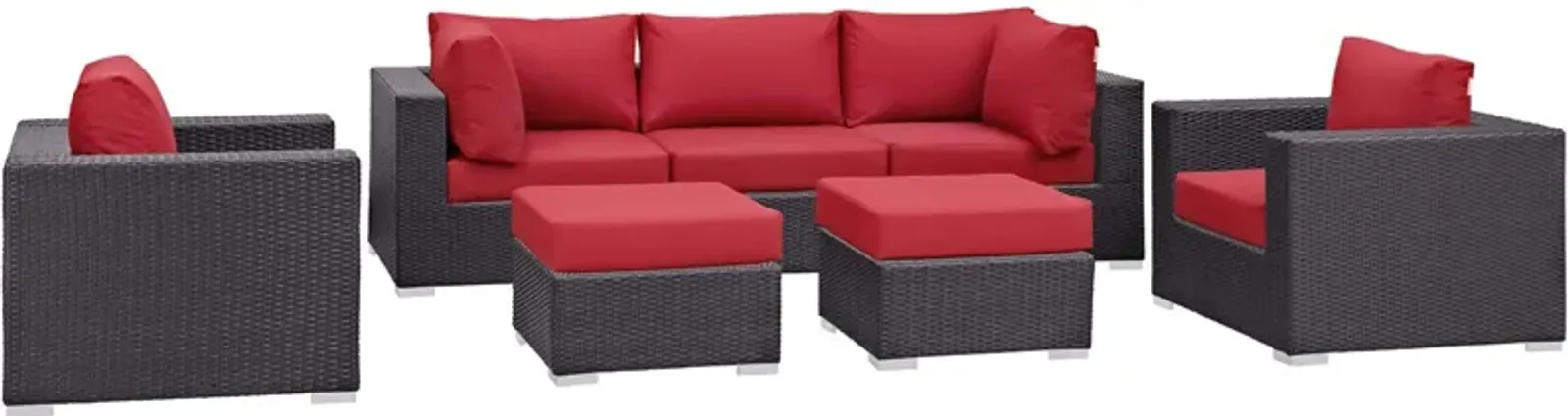 Convene Outdoor Sectional Set - Synthetic Rattan, Aluminum Frame, All-Weather Cushions - Patio Sofa, Armless Chair, Corner, Ottoman - Espresso Red