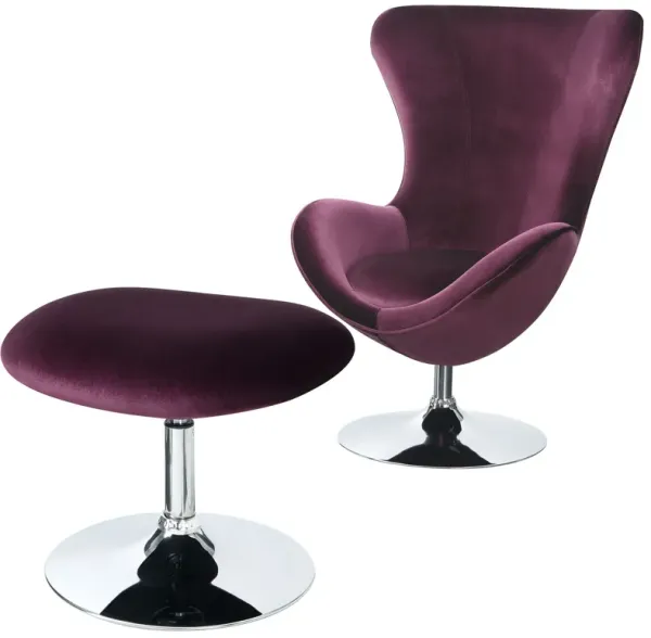 Fabric Curved Design Chair with Ottoman and Tubular Base, Set of 2, Purple-Benzara