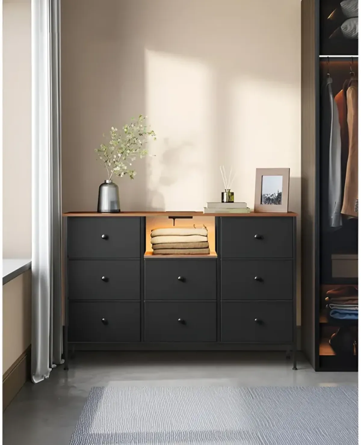 Fabric Dresser with Power Outlets & LED Lights – Stylish Chest of Drawers