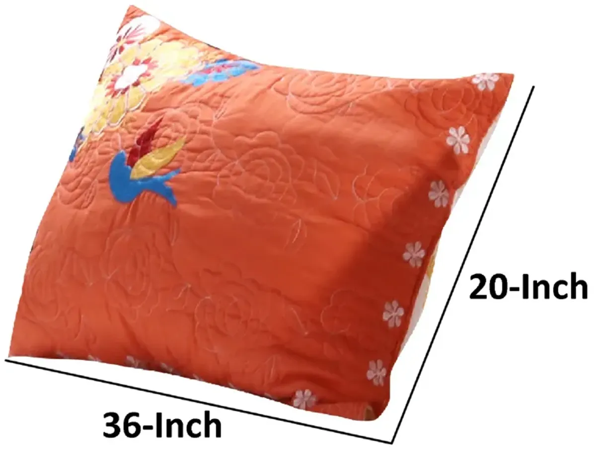 36 Inch Quilted King Pillow Sham, Cotton Rich Fill, Multicolor Embroidery - Benzara