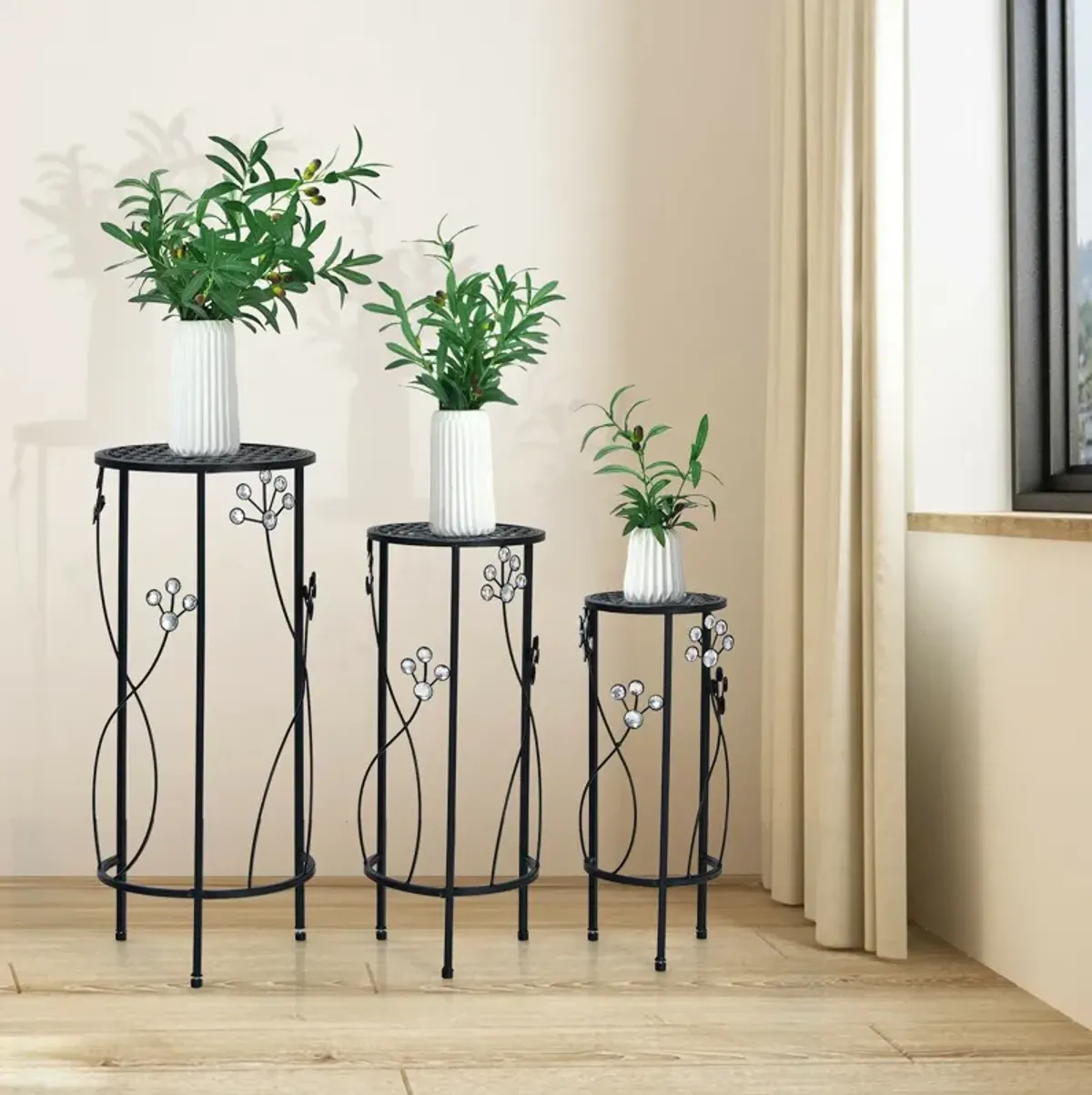 3 Pieces Metal Plant Stand Set with Crystal Floral Accents Round