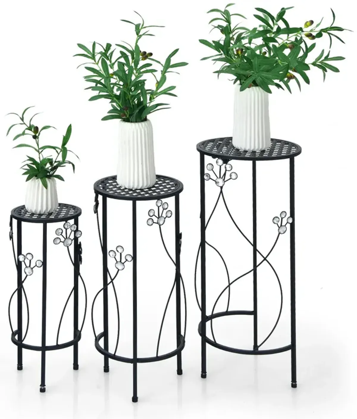 3 Pieces Metal Plant Stand Set with Crystal Floral Accents Round