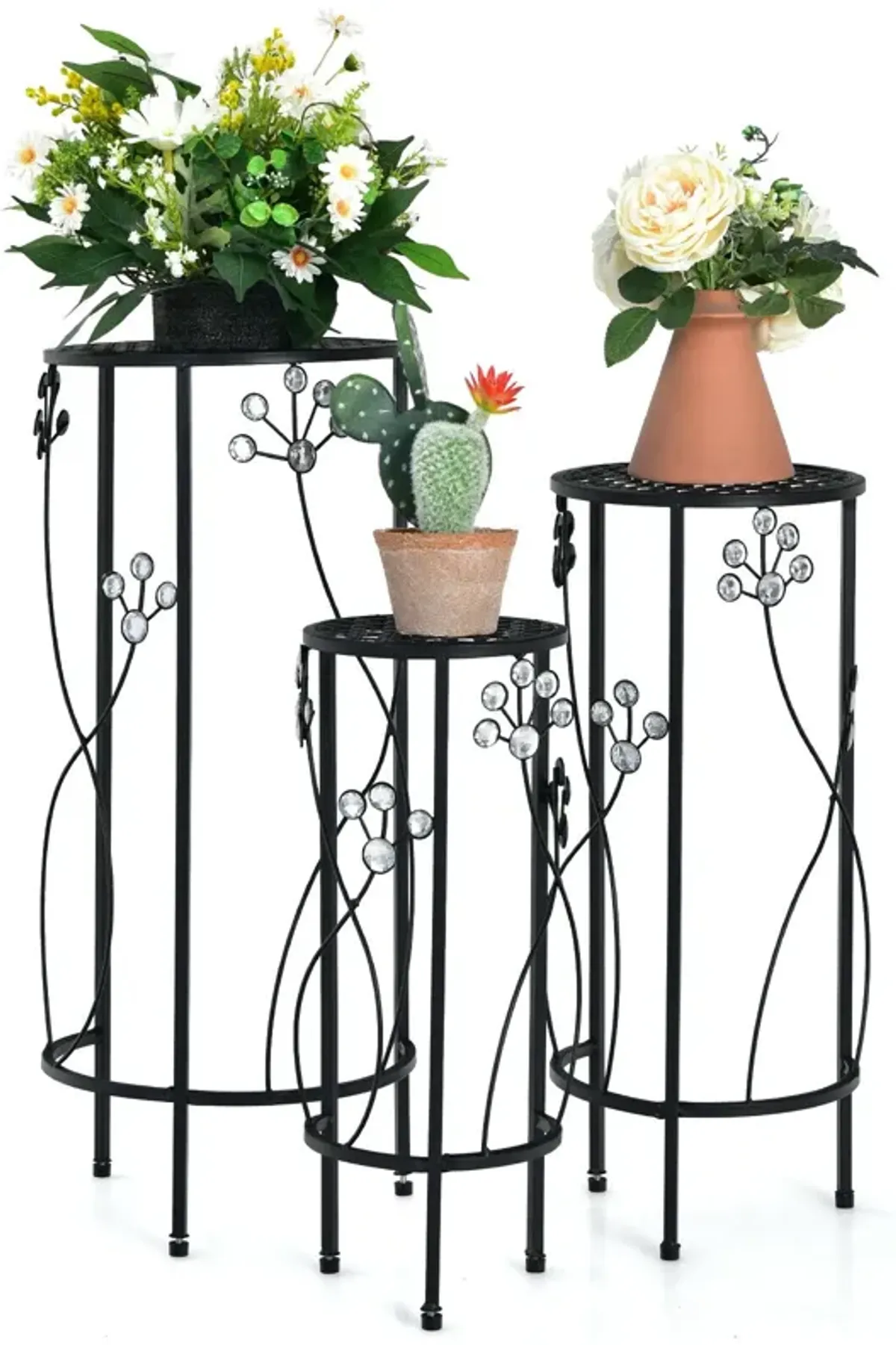 3 Pieces Metal Plant Stand Set with Crystal Floral Accents Round