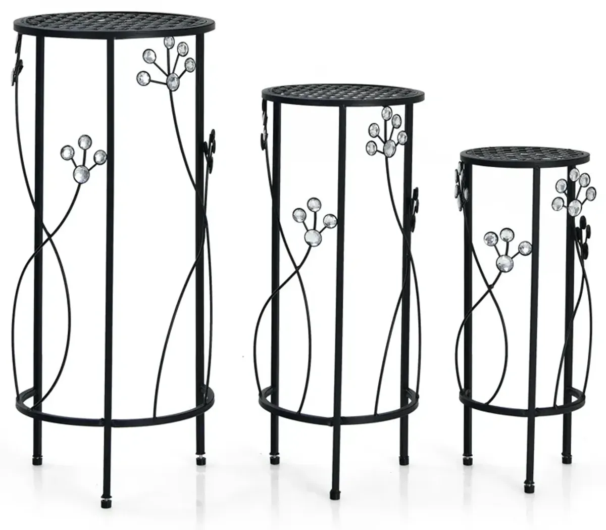 3 Pieces Metal Plant Stand Set with Crystal Floral Accents Round