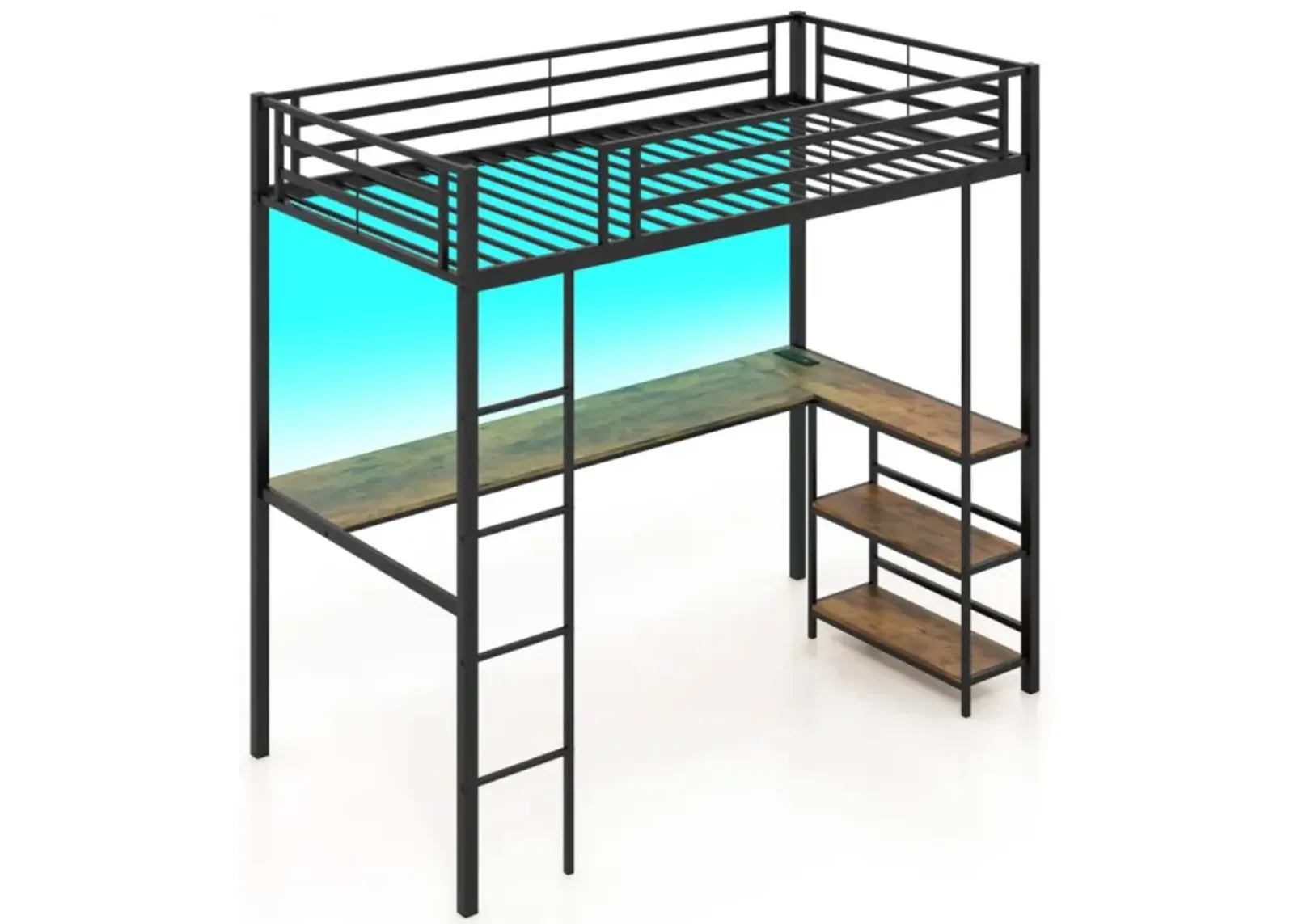 Hivvago Twin Size Loft Bed Raised Platform Bed with Desk and 2 Storage Shelves-Black