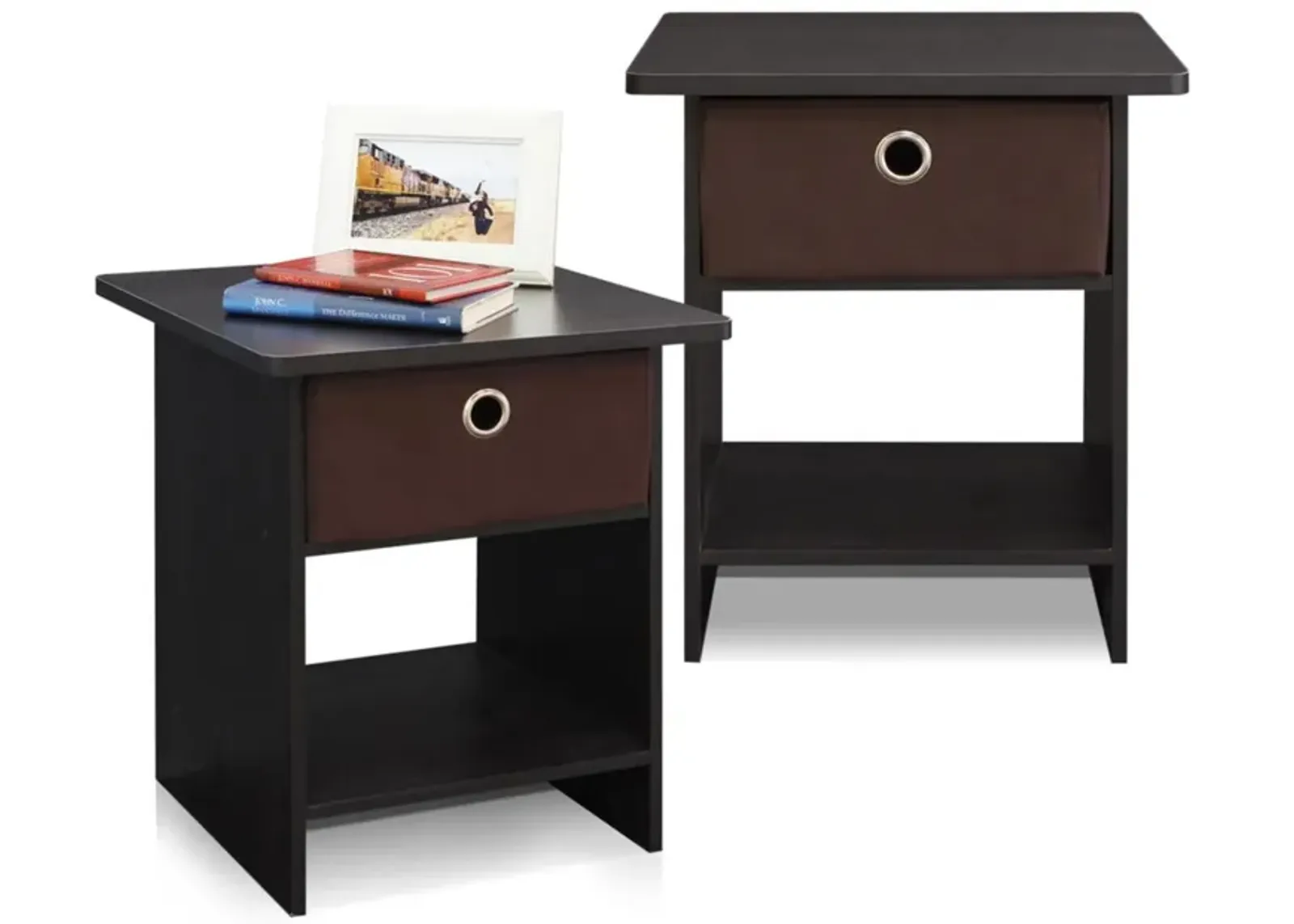 Furinno Dario End Table / Side Table / Night Stand / Bedside Table with Bin Drawer, 2-Pack, Espresso/Brown