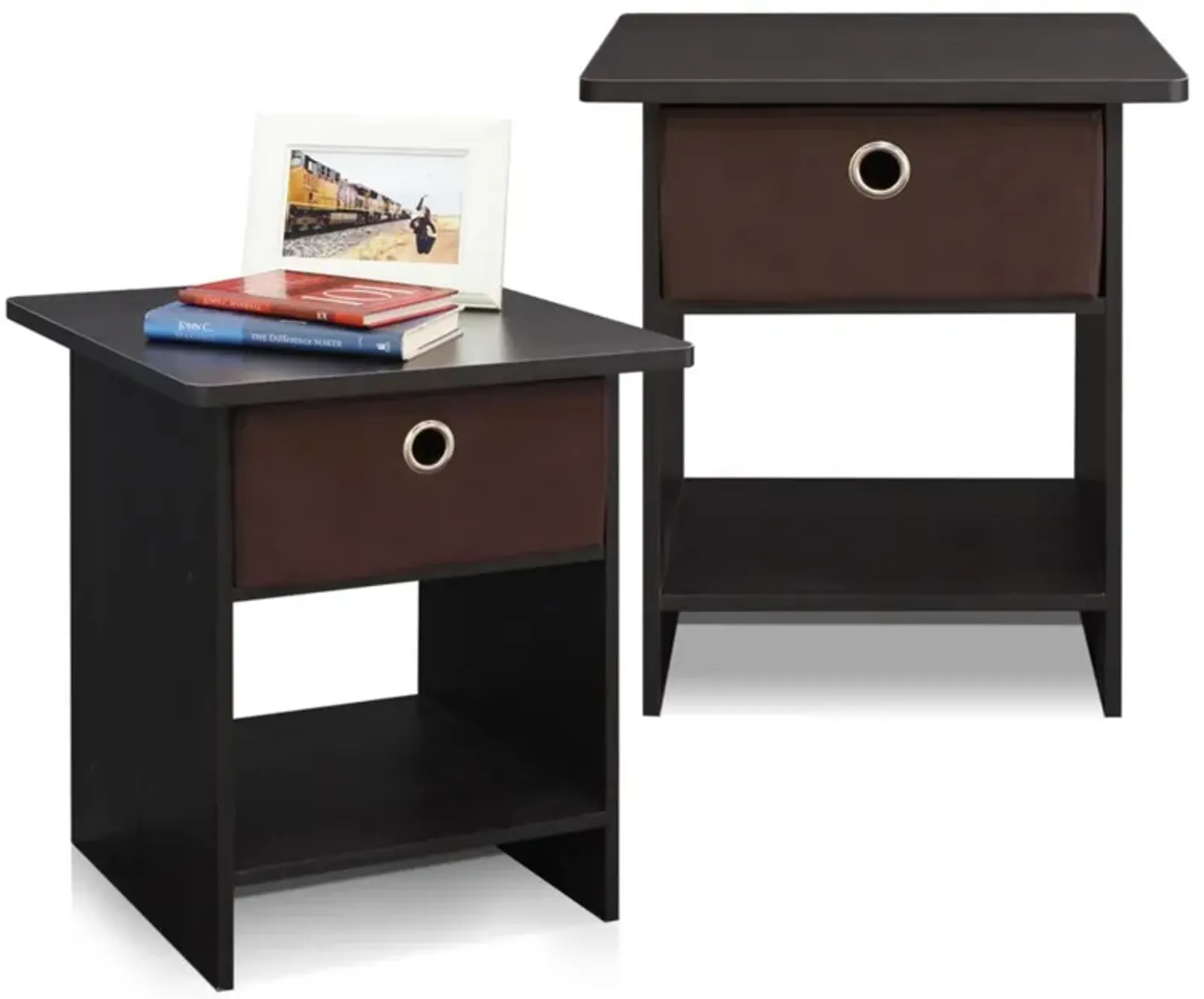 Furinno Dario End Table / Side Table / Night Stand / Bedside Table with Bin Drawer, 2-Pack, Espresso/Brown