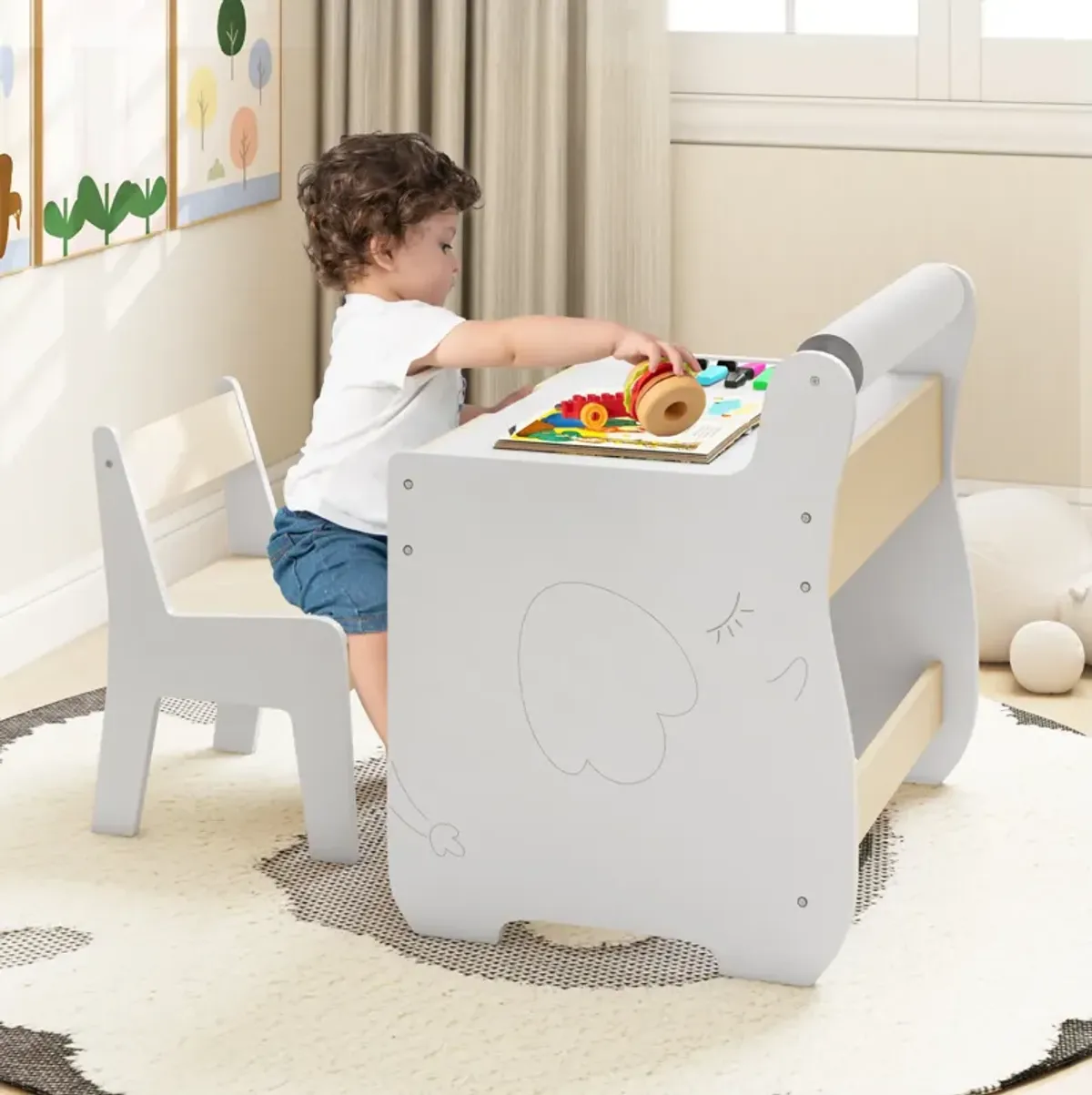 Kids Table and Chair Set with 2 in 1 Detachable Tabletop and Storage