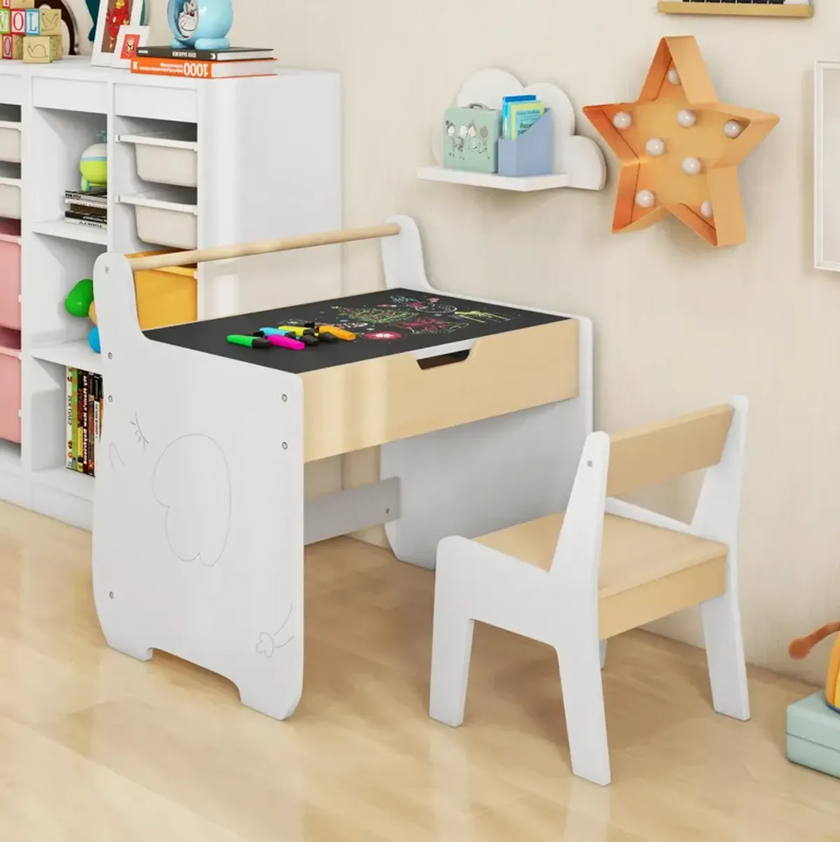 Kids Table and Chair Set with 2 in 1 Detachable Tabletop and Storage