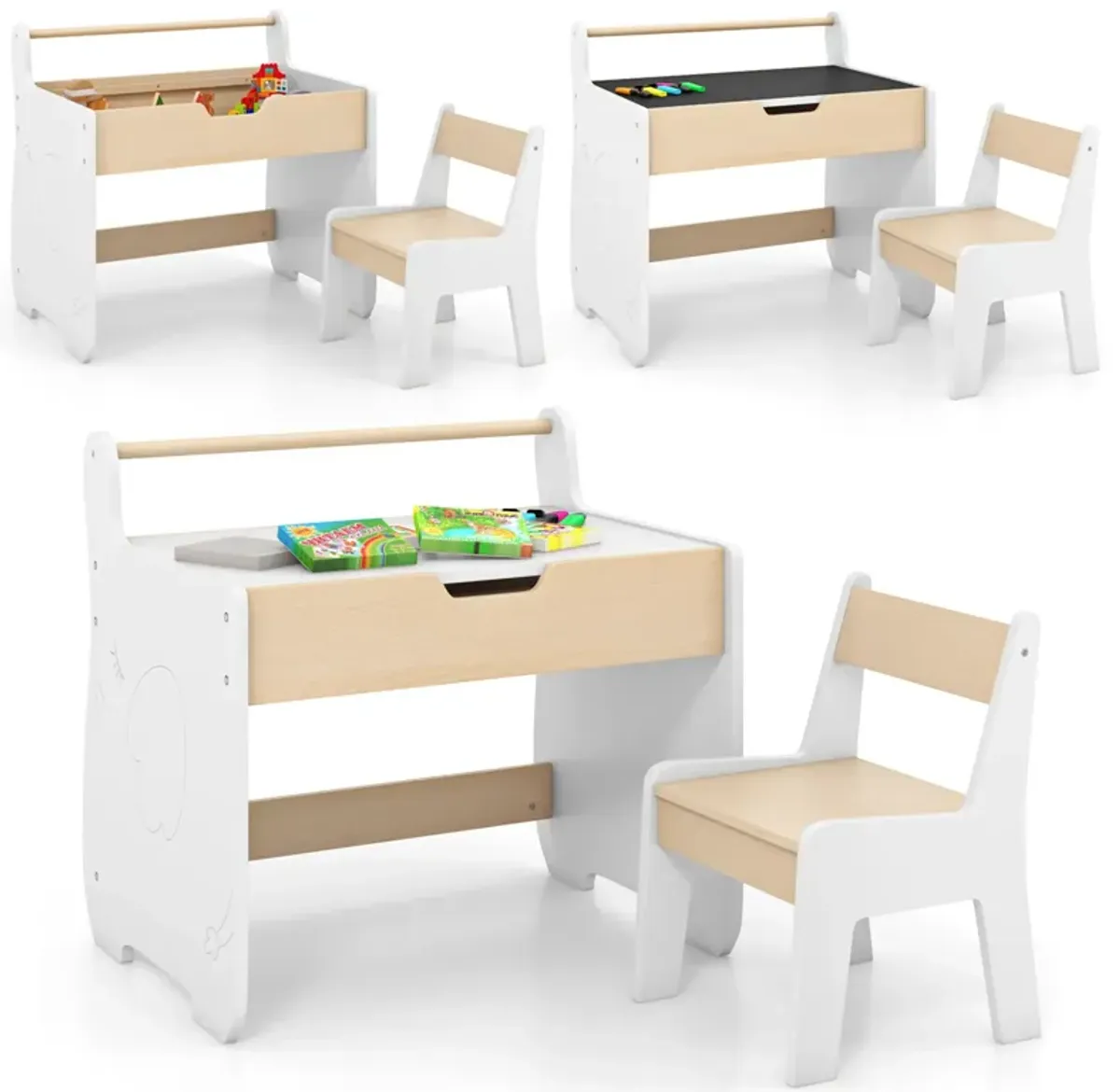 Kids Table and Chair Set with 2 in 1 Detachable Tabletop and Storage