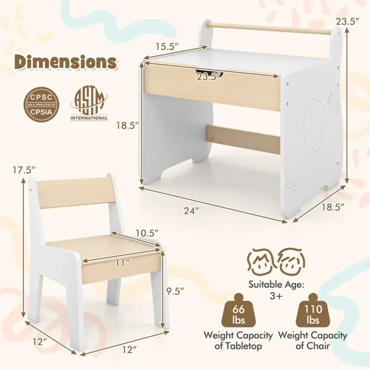 Kids Table and Chair Set with 2 in 1 Detachable Tabletop and Storage