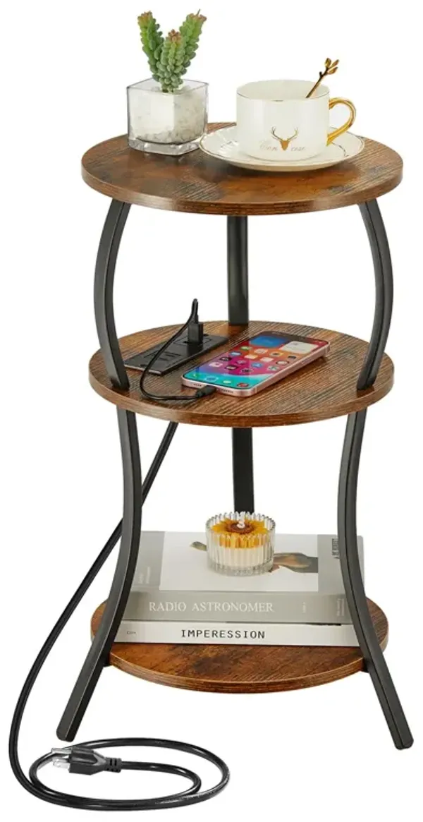 Small Round Side Table with Charging Station, 3-Tier Waist Circular End Table with Storage Shelf, Compact Tea Sofa Side Table Sm