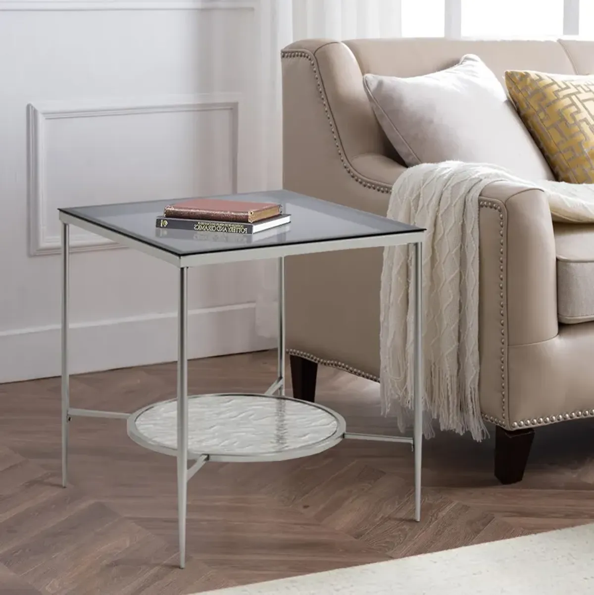 End Table with Textured Round Shelf, Silver-Benzara