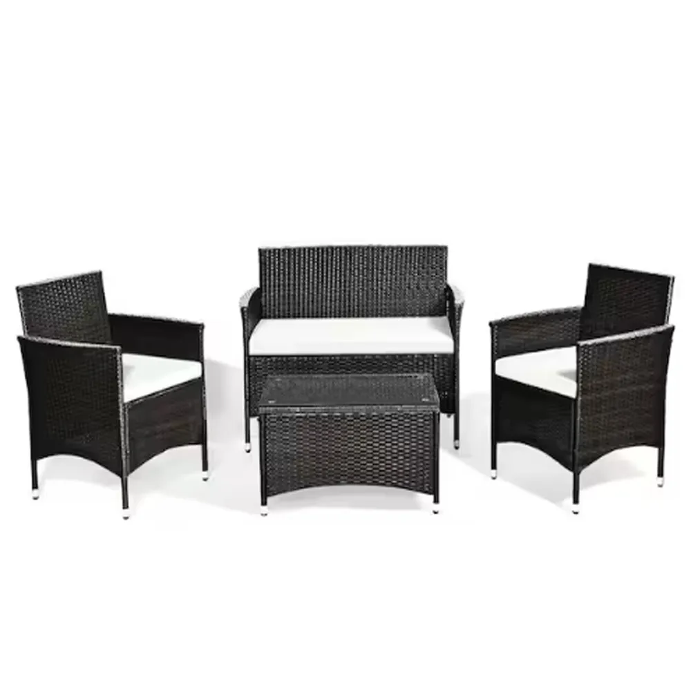 4 pcs Patio Garden Rattan Furniture Set Coffee Table Cushioned Sofa