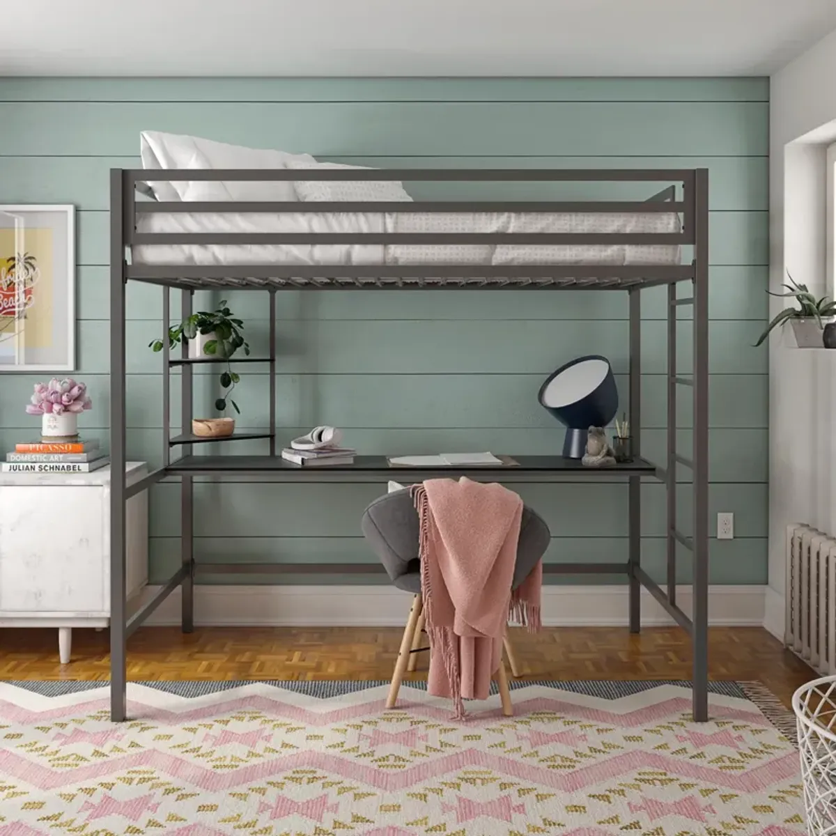 Novogratz Maxwell Metal Loft Bed with Desk & Shelves