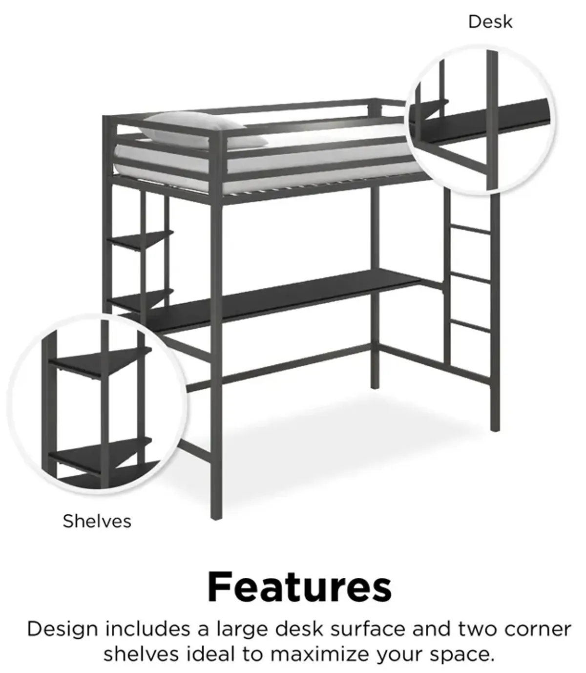 Novogratz Maxwell Metal Loft Bed with Desk & Shelves