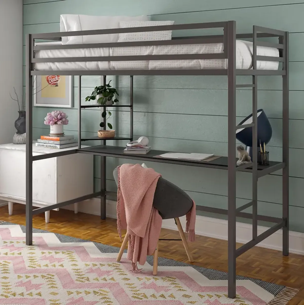 Novogratz Maxwell Metal Loft Bed with Desk & Shelves