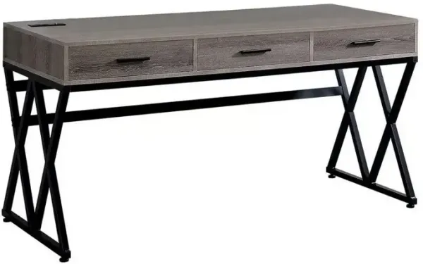 Gia 59 Inch Writing Desk, 3 Drawers, USB and Power Outlet, Gray, Sand Black - Benzara