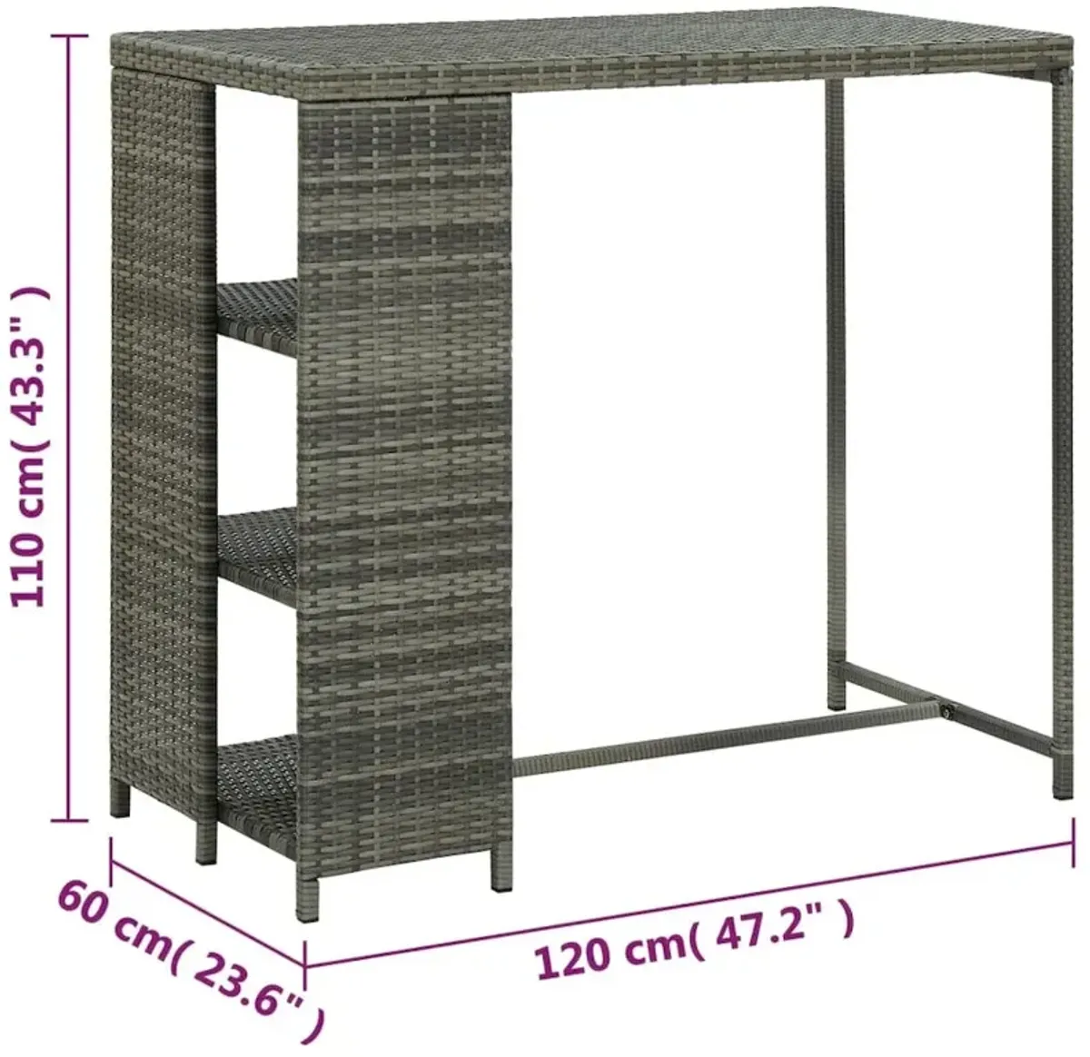 vidaXL Bar Table with Storage Rack Gray 47.2"x23.6"x43.3" Poly Rattan