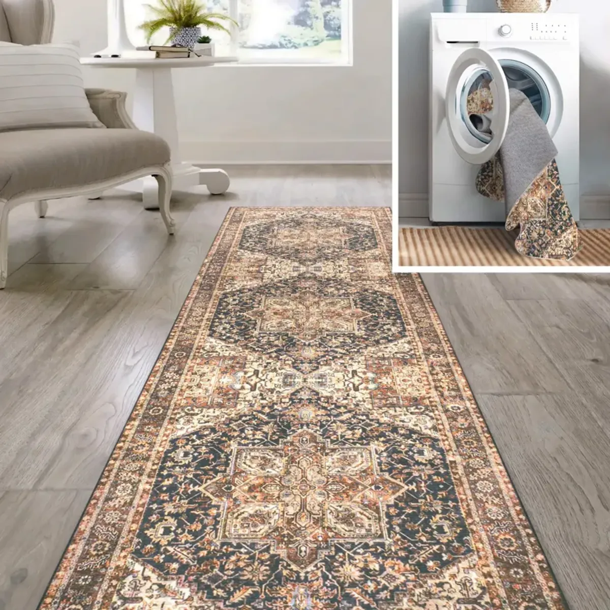 Chapell Chenille Traditional Medallion Machine-Washable Black/Terra 2 ft. x 8 ft. Runner Rug